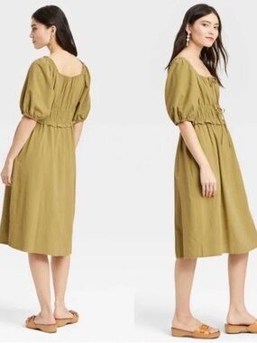 Universal thread Olive Green Puff-Sleeve Midi Dress